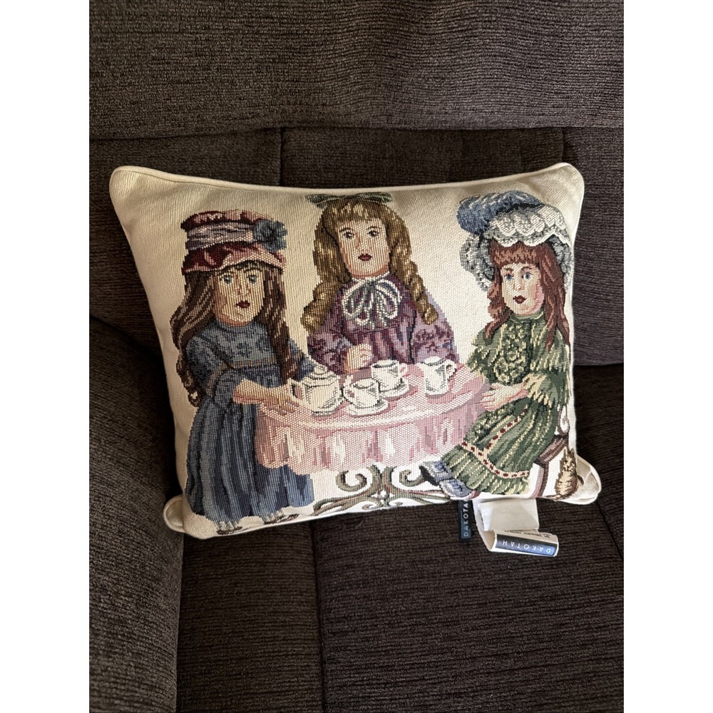 VTG Dakotah Doll Tea Party Tapestry Throw Pillow Cottage Granny Victorian